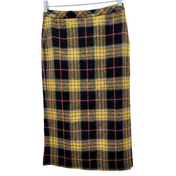 Pure Collection Yellow Black‎ Wool Plaid Back Slit and Zip Straight Pencil Skirt - Picture 1 of 11